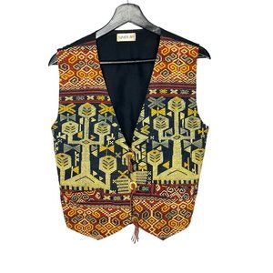 Black Brown Woven Geometric Folk Art Pattern Button Up Vest Large